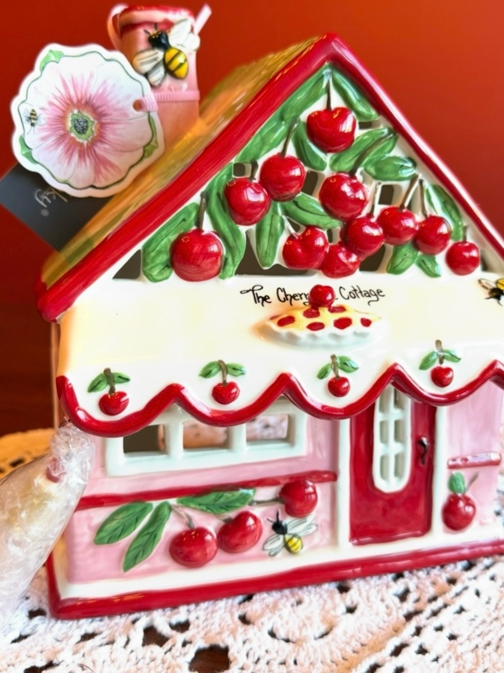 New Heather Goldmine Blue Sky Red & Green Cherry Cottage Holiday Ceramic